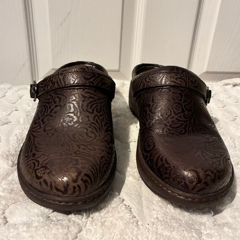Dansko Paisley Floral Brown Tooled Leather Clog Shoes Size 38 (us size 7.5-8)